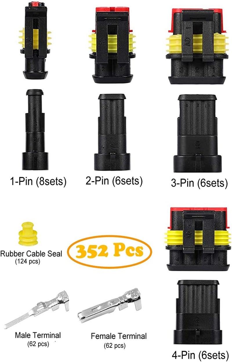 Twippo 352Pcs Waterproof Electrical Connector Terminals Automotive Electrical Wire Connectors 1/2/3/4 Pin Connector with Ratchet Crimping Tool - Image 2